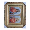 The golden carved photo frame is embedded with a brocade painting of Jesus and the Sacred Heart of the Virgin Mary Item Picture